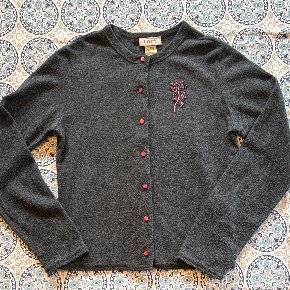Tart Women's Charcoal Cardigan with beaded floral accent